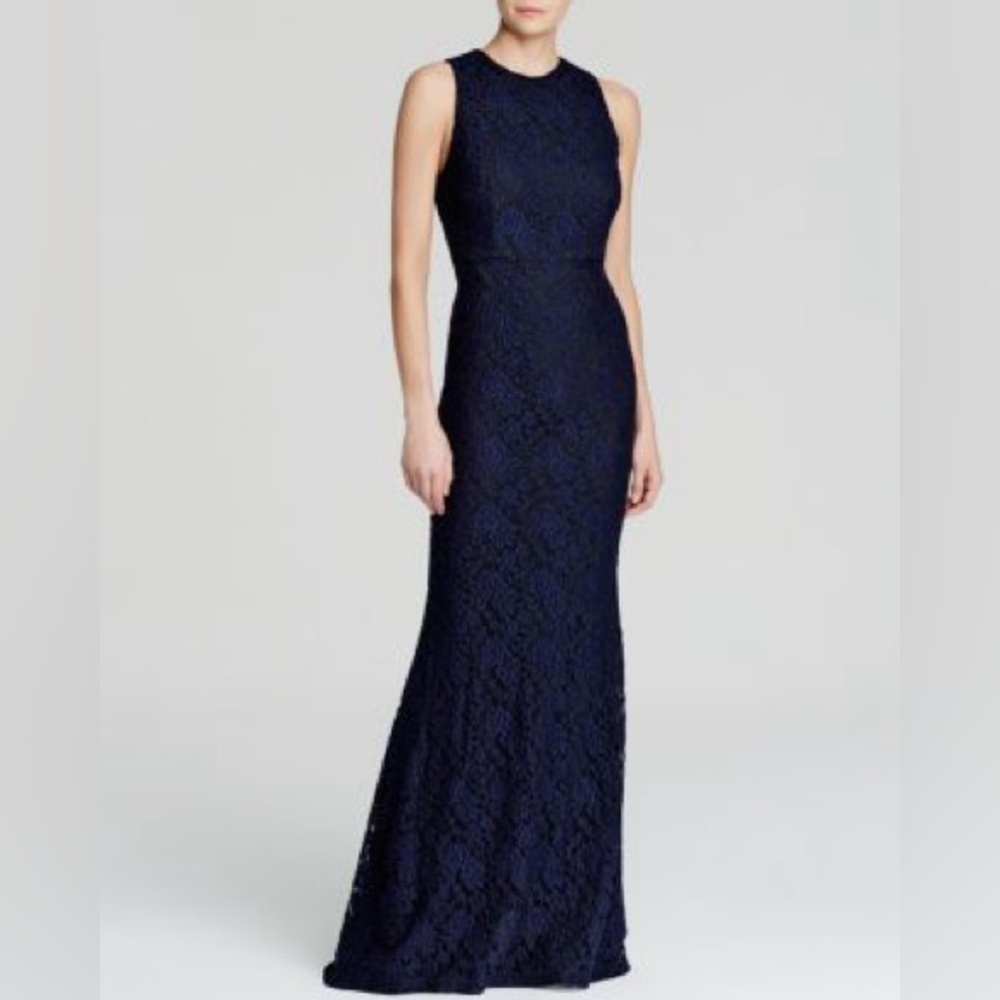 NWT Alice and Olivia Roxie Blue Black Floral Lace Maxi Dress Gown Evening $396